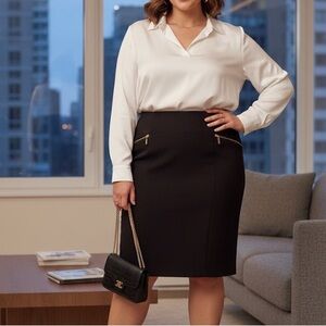 Alfani ribbed black pencil skirt/gold zippers  size 24W